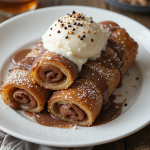 Nutella French Toast Roll-Ups 🍫🍞✨ 😋 A fun and delicious twist on French toast! Soft bread filled with creamy Nutella, pan-fried to golden perfection, and rolled in sweet cinnamon sugar. Perfect for breakfast, brunch, or even dessert! 🌟 Ingredients: 8 slices of soft white bread (crusts removed) ½ cup Nutella (or any chocolate hazelnut spread) 2 large eggs 3 tbsp milk 2 tbsp butter (for frying) ¼ cup sugar 1 tsp cinnamon (optional, for coating) Instructions: Trim the crusts off the bread slices and flatten each slice with a rolling pin. (⏱️ 5 minutes) Spread a thin layer of Nutella over each slice, then roll it up tightly. (⏱️ 5 minutes) In a shallow bowl, whisk together the eggs and milk. (⏱️ 2 minutes) Heat butter in a skillet over medium heat. Dip each roll-up quickly in the egg mixture, then place seam-side down in the pan. Cook, turning until all sides are golden brown. (⏱️ 8 minutes) Mix sugar and cinnamon on a plate. Roll warm Nutella roll-ups in the mixture until coated. (⏱️ 3 minutes) Serve warm with extra Nutella, fresh berries, or a dusting of powdered sugar! 🍓✨ (⏱️ 2 minutes) Prep Time: 10 minutes | Cooking Time: 10 minutes | Total Time: 20 minutes Kcal: 210 kcal | Servings: 4 servings